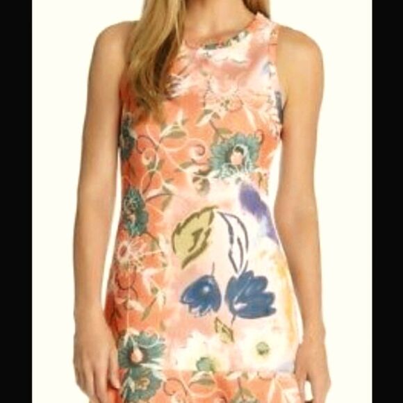 Karen Kane Floral Dress Scuba Flutter Hem Sheath - Picture 1 of 3